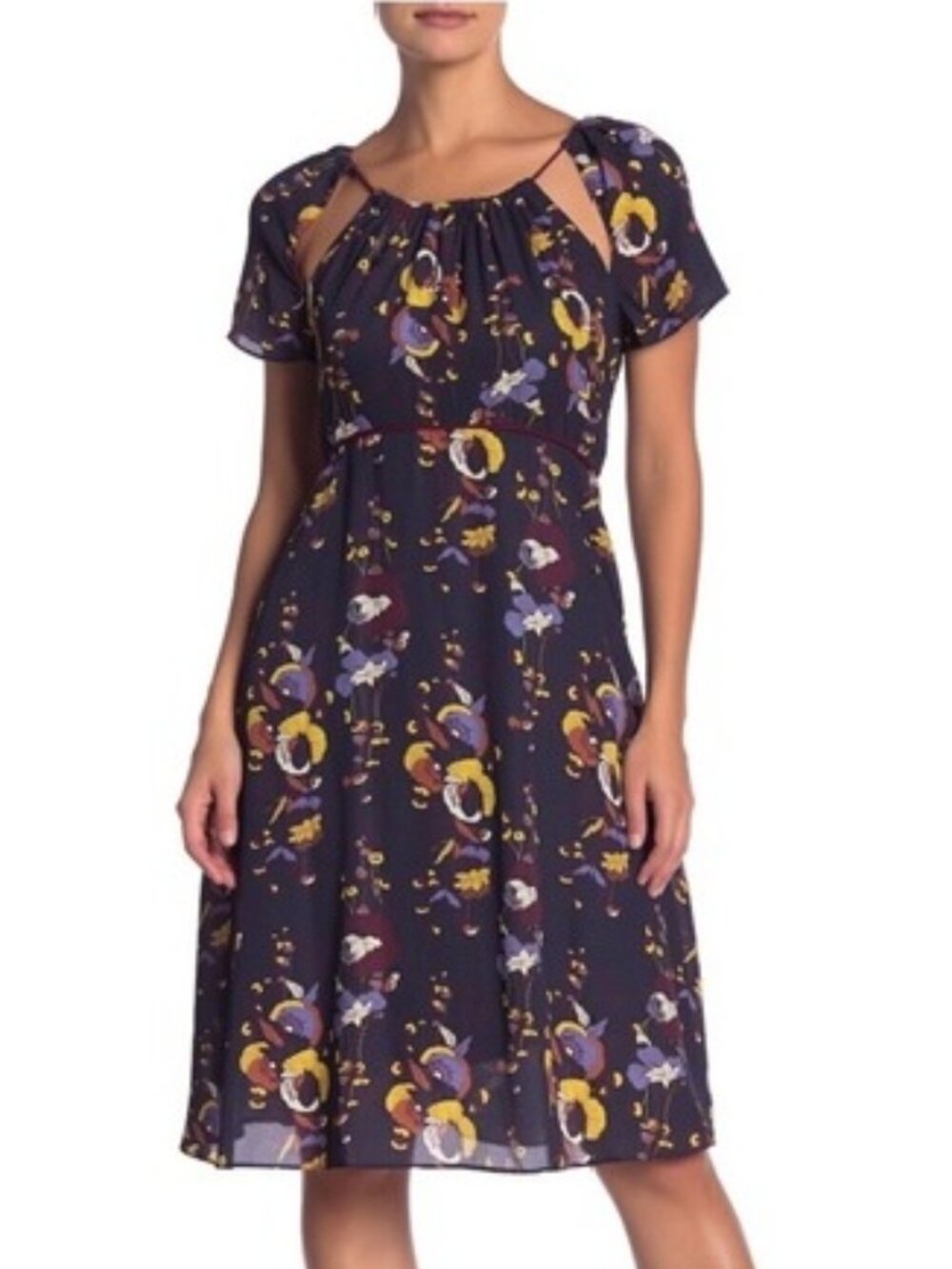 Line+Dot Print Floral Dress, XS